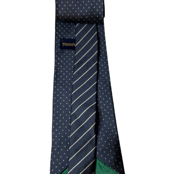 Tommy Hilfiger Italian Silk Tie Navy White Dots Two Tone Navy with White Stripes - Picture 3 of 7